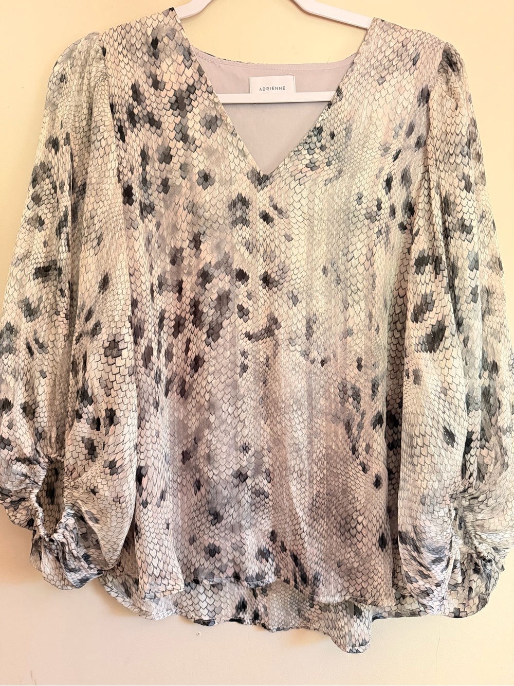 Adrienne Neutral Snake-Print V-Neck Puff Sleeve Blouse